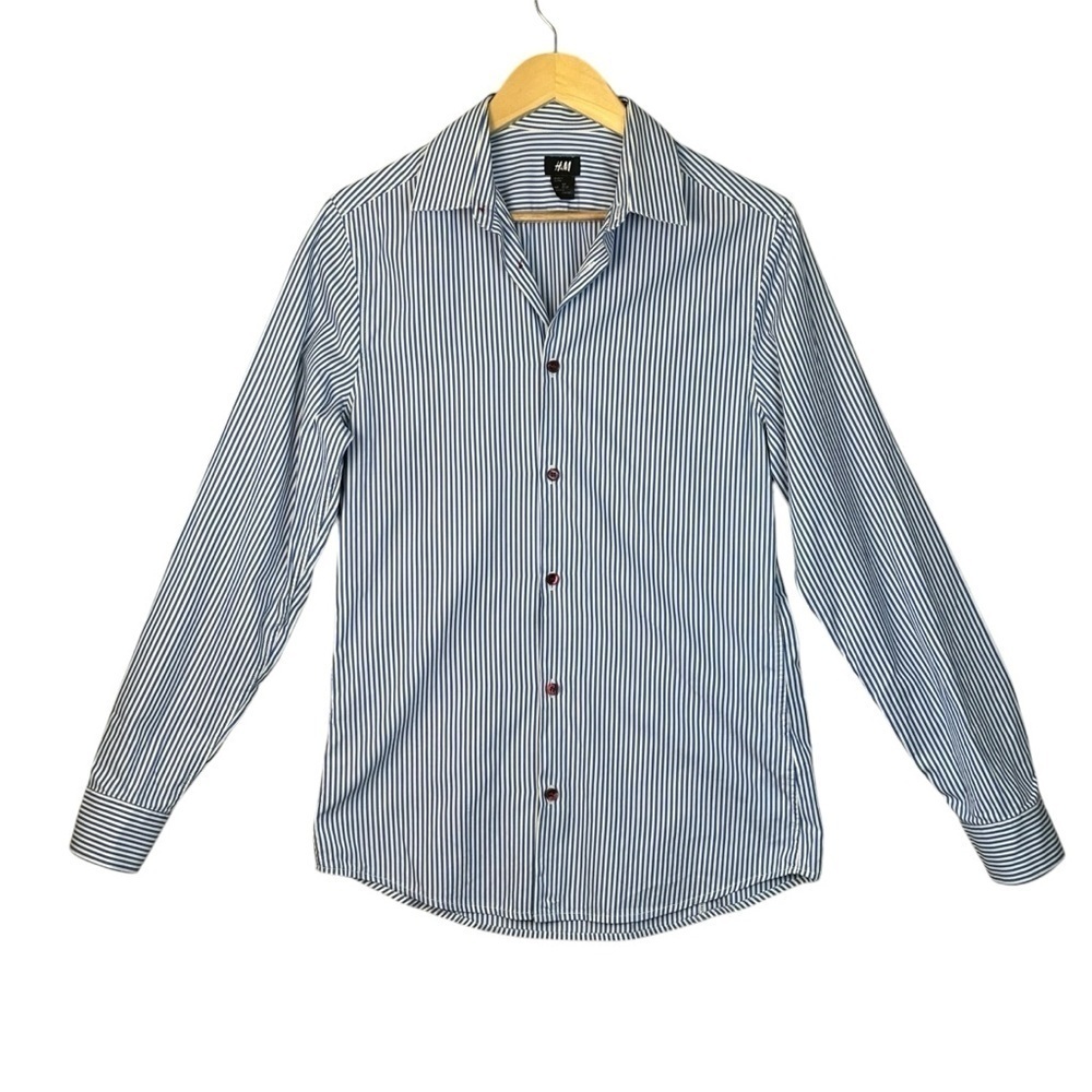 H&M Women Blue Long Sleeve Button-Down Shirt S Striped v-neck